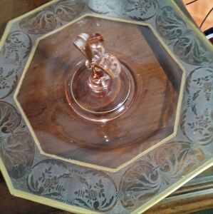 1940 Pink Elegant Glass Serving Tray with Gold Accents